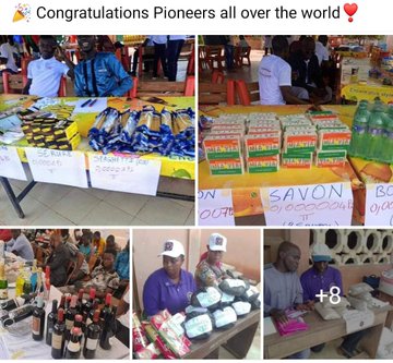 A collage of photos showing community gatherings or market scenes with handwritten price signs, captioned 'Congratulations Pioneers all over the world' with party emojis.