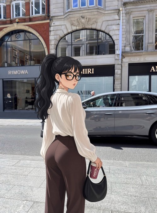 An anime-style illustration depicts a woman with a ponytail and glasses standing on a city street near storefronts including 'RIMOWA' and 'AMIRI', holding a black handbag.