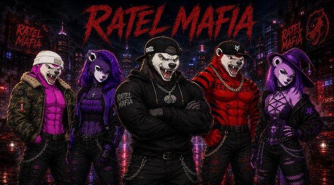 An illustrated artwork featuring five anthropomorphic anthropomorphic honey badger characters dressed as a hip-hop crew titled 'RATEL MAFIA'.