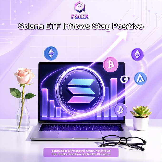 A laptop displays the Solana (SOL) logo surrounded by floating cryptocurrency icons including Bitcoin (BTC) and Ethereum (ETH), with a rising arrow indicating positive market momentum. The graphic features the headline "Solana ETF Inflows Stay Positive" and the FQL Exchange logo, supporting the post's message about Solana Spot ETFs recording weekly net inflows and growing SOL market confidence tracked by FQL.