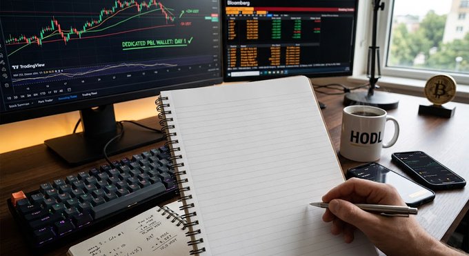 A trader's desk setup with TradingView charts on dual monitors showing 'DEDICATED FINAL WALLET: DAY 1', a notepad, keyboard, smartphones, a 'HODL' coffee mug, and a Bitcoin coin figurine.