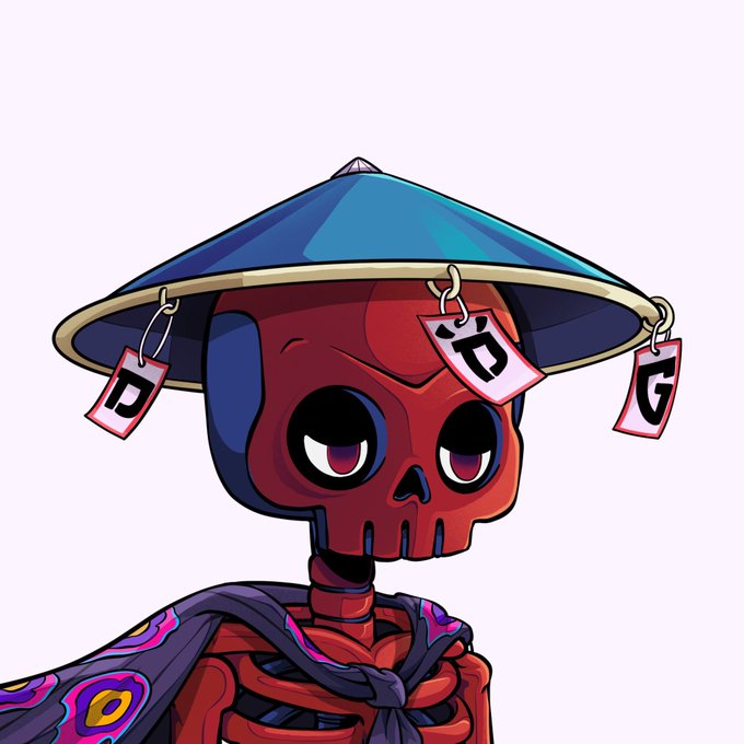 A cartoon illustration of a red skeleton character wearing a blue conical hat adorned with paper talismans marked with the letters 'P' and 'G'.