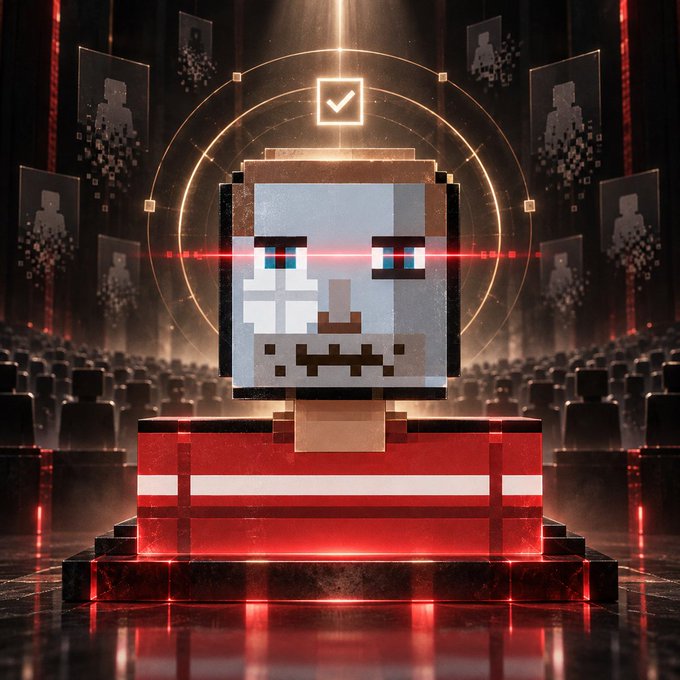 A dramatic digital artwork features a Minecraft-style character with a wide grin sitting on a red pedestal, surrounded by holographic interfaces and a crowd of blocky figures in a futuristic stadium setting.
