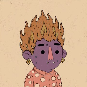 An illustrated character with purple skin, fiery hair, gold lightning-bolt earrings, and an orange polka-dot shirt.