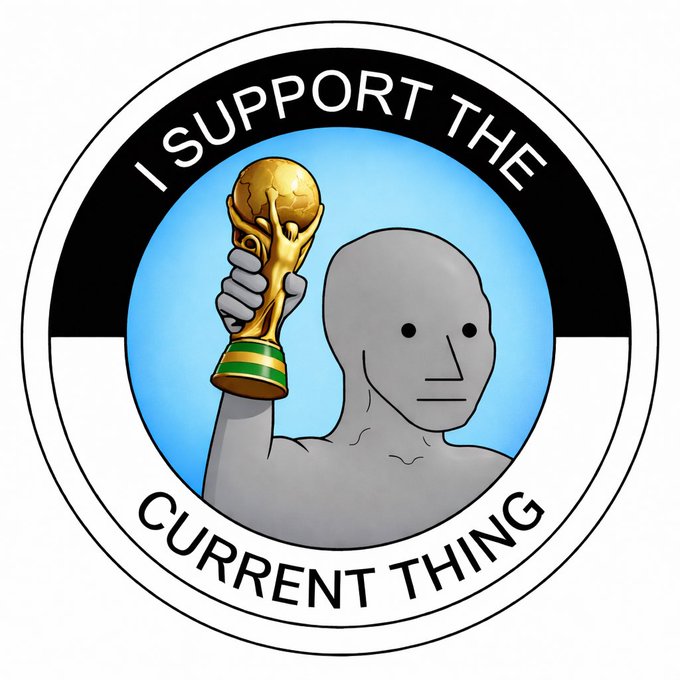 The image features a cartoon depiction of a person holding a trophy, with the text "I support the current thing" written above them. The trophy appears to be gold and has a green base. The person's face is depicted as a gray stone figure, giving the impression that they are an NPC (Non-Playable Character) from a video game or similar setting.