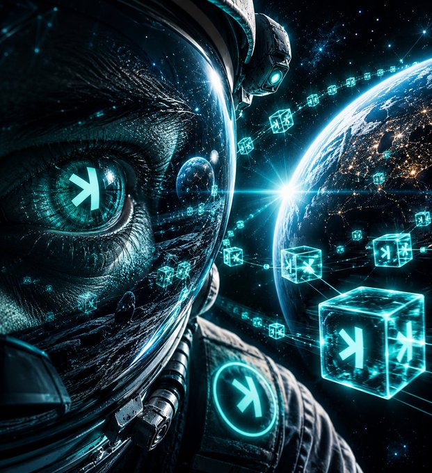 An astronaut in a helmet with the Kaspa "K" logo glowing in the visor and suit looks out at Earth, surrounded by floating glowing cubes marked with the same Kaspa symbol—symbolizing the global, foundational reach of the Toccata upgrade beyond just price action.