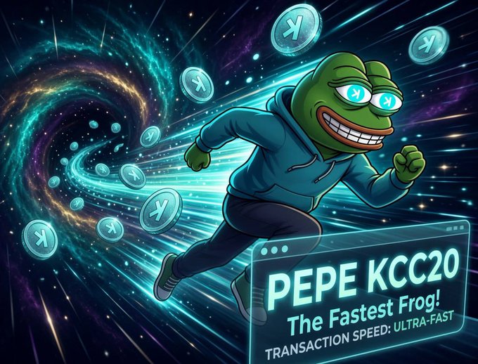 The image shows an animated Pepe the Frog character wearing a blue hoodie and "X" sunglasses, running through a cosmic vortex with X-branded coins flying around him. Text at the bottom reads "PEPE KCC20, The Fastest Frog! TRANSACTION SPEED: ULTRA-FAST," visually reinforcing the post's claim about $PEPE KCC20 being the fastest Pepe on the Kaspa-powered KCC20 network.