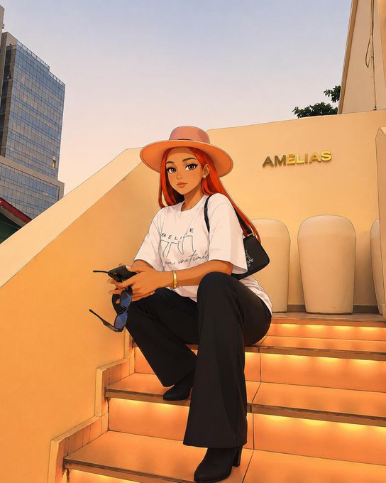 An anime-style illustration of a red-haired woman in a white t-shirt, black pants, and a hat, sitting on illuminated stairs near a sign reading 'AMELIAS'.