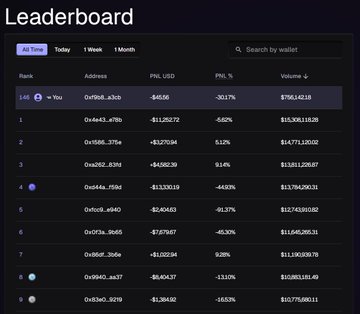 A 'Leaderboard' interface showing cryptocurrency wallet addresses with PnL USD and PnL % columns, with the entry 'You' at rank 145 showing -$45.66.