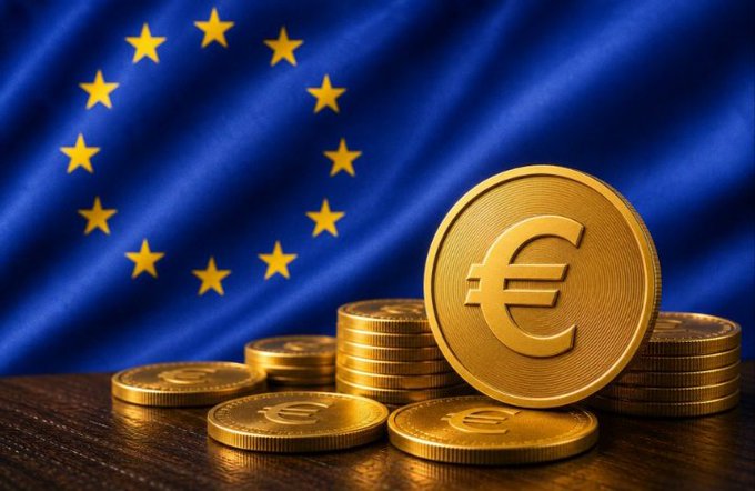 Gold euro coins stacked in front of the European Union flag with its circle of yellow stars on a blue background, symbolizing the digital euro initiative by the ECB.