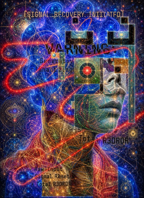 A vibrant, surreal digital artwork featuring a face overlaid with geometric shapes, glowing red and blue lines, and text fragments like "WARNING", "[SIGNAL_RECOVERY_INITIATFD]", and "Total R3RDR".