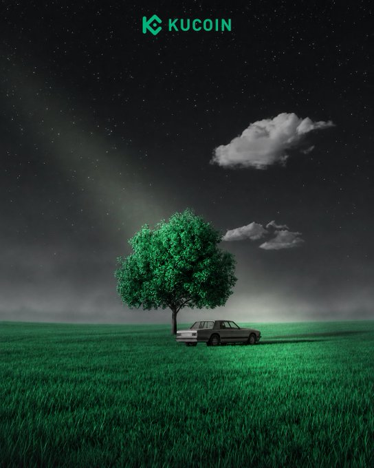 A vintage car parked under a lush green tree in a verdant field under a starry night sky, with the "KuCoin" logo at the top. The serene imagery of "greener pastures" visually reinforces the post's message about finding prosperity on the KuCoin platform.