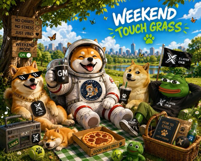 A Shiba Inu astronaut in a spacesuit holds a coffee mug alongside Pepe the Frog and other Shibas enjoying a picnic in a park, with signage reading "WEEKEND TOUCH GRASS," "NO CHARTS, NO STRESS, JUST VIBES," "WEEKEND MODE ON," and "HOW TO CHILL" displayed around them. The scene promotes a $LAIKA weekend giveaway contest on X Layer, encouraging followers to participate for a chance to win 1,500 $LAIKA tokens each.