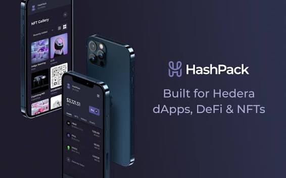 A promotional image for HashPack wallet, showing iPhones displaying NFT Gallery and wallet interfaces, with text 'HashPack - Built for Hedera dApps, DeFi & NFTs'.