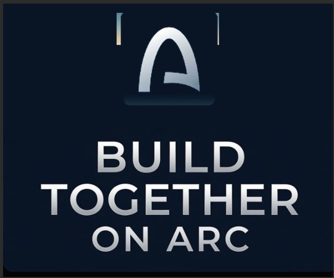A dark blue graphic featuring a stylized 'A' logo at the top with the text 'BUILD TOGETHER ON ARC' displayed in large silver letters below.