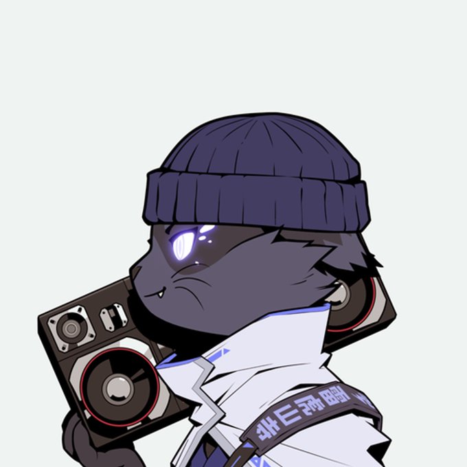 A cartoon character with dark fur, glowing purple eyes, and a beanie, carrying a boombox on their shoulder in a stylized anime art style.