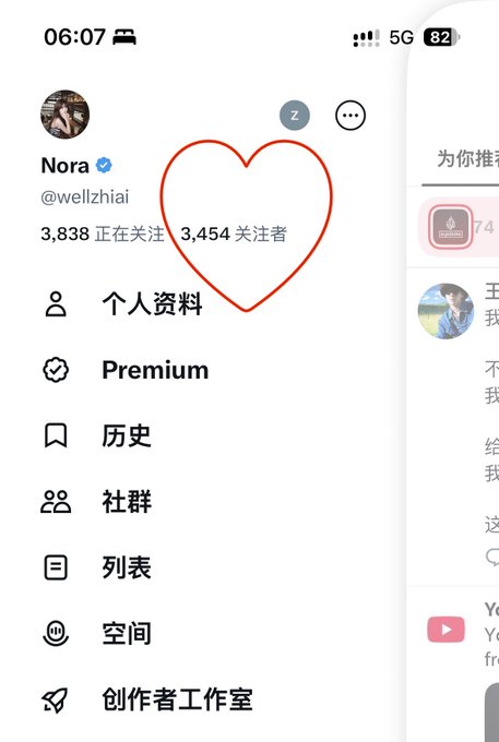 A screenshot of a profile named "Nora" (@wellzhiai) with a red heart drawn around the follower count "3,454 关注者" (followers), highlighting how close it is to the 3500 milestone mentioned in the celebratory caption about nearly reaching that follower threshold.