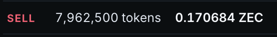 A digital display reading 'SELL 7,962,500 tokens 0.170684 ZEC' in white text with a red 'SELL' label.
