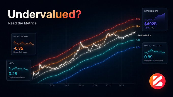 A financial chart titled 'Undervalued? Read the Metrics' showing price bands, MVRV Z-Score (-0.35), NUPL (0.28), Realized Cap ($492B), Realized Price, and Price/Realized (0.89).