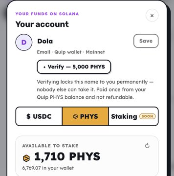 A mobile app screen for 'Your account Dola' on Solana, showing a verification option to lock the name for 5,000 PHYS and 1,710 PHYS available to stake.
