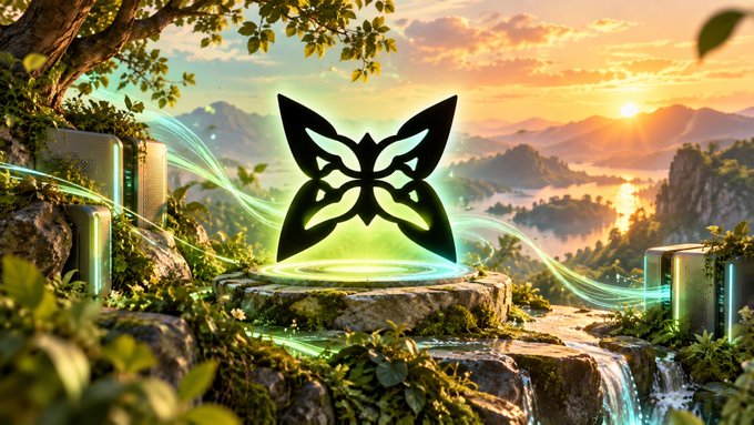 A glowing butterfly emblem rises above a stone pedestal in a lush, sunlit valley at sunset, with ethereal green energy streams flowing toward sleek quantum-machine units nestled among foliage and waterfalls, symbolizing accessible quantum computing power—mirroring Quip Network's vision of connecting spare quantum hardware capacity with developers seeking solutions.