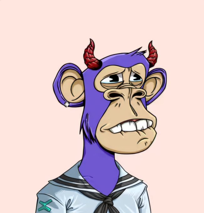 A cartoon-style NFT portrait of a purple Bored Ape character with red horns, prominent teeth, and an earring, wearing a sailor-style collar against a pale pink background.