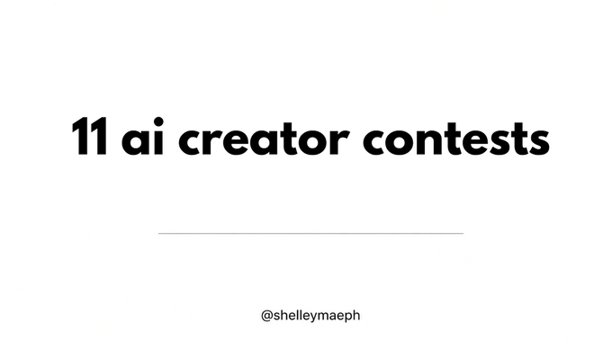 A simple white slide with black text reading '11 ai creator contests' and '@shelleymaeph' at the bottom.