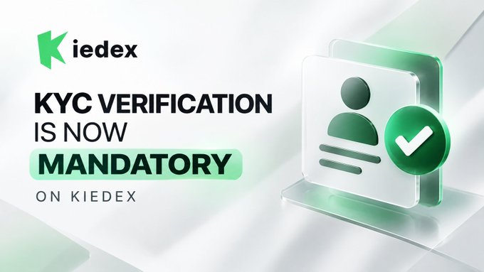 A promotional graphic for KieDex announces that "KYC Verification Is Now Mandatory on KieDex," featuring a green user profile icon with a checkmark beside the KieDex logo, aligning with the post's call for airdrop farmers to complete identity verification to eliminate bots and ensure rewards go to genuine users.