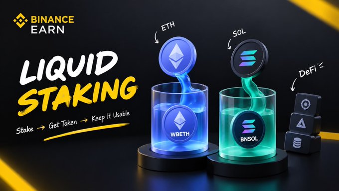 A Binance Earn promotional graphic explaining "Liquid Staking" with the tagline "Stake → Get Token → Keep It Usable," showing ETH transforming into WBETH and SOL into BNSOL in glowing beakers, alongside a DeFi stack. The image visually reinforces the post's concept by illustrating how users can stake ETH or SOL while keeping their position usable in DeFi.