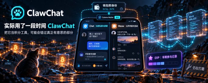 A promotional graphic for ClawChat featuring a smartphone displaying chat interfaces with the tagline "ClawChat - 实际用了一段时间 ClawChat，把它当积分工具，可能会错过真正有意思的部分" alongside Bitcoin-related elements like "Catena Wallet," "钱包即将空投 bclq_3e7k," and "EXP 早期参与记录." The image visually reinforces the post's message that viewing ClawChat as just a points/rewards tool misses the more interesting aspect of it as a Bitcoin-native social experiment.
