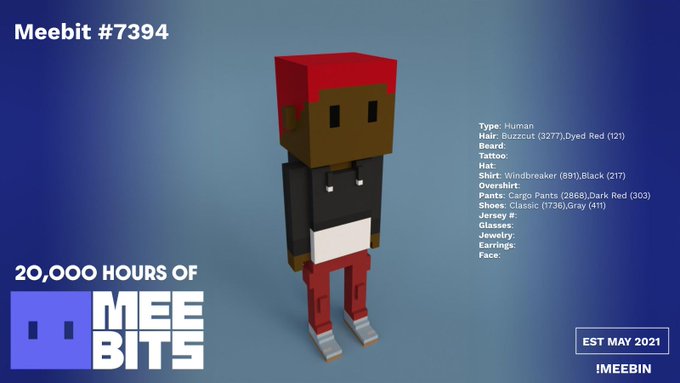 A 3D blocky character labeled 'Meebit #7394' with text '20,000 HOURS OF MEEBITS' and clothing details listed on the right side, dated 'EST MAY 2021'.