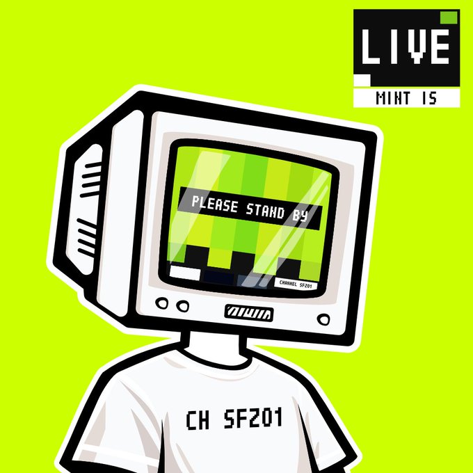 An illustration of a figure with an old-style CRT television for a head displaying 'PLEASE STAND BY' with 'CH SF201' on its shirt, against a bright green background with 'LIVE' and 'MINT IS' logos in the corner.