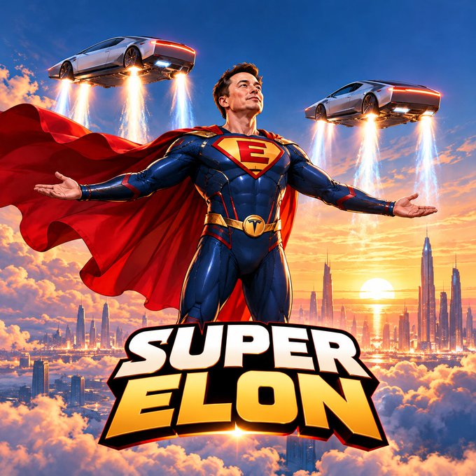 A movie-poster style illustration titled 'SUPER ELON' depicting a muscular man in a superhero costume with a red cape, flanked by two hovering futuristic cars over a cityscape.