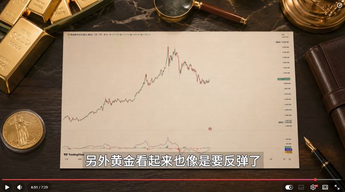 A video screenshot showing a gold price chart on a desk surrounded by gold bars and a coin, with Chinese subtitles reading "另外黄金看起来也像是要反弹了".