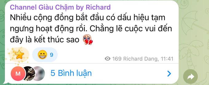 A Vietnamese chat message screenshot from 'Channel Giàu Chăm by Richard' with text discussing communities showing signs of stopping activity, asking if the fun is over, with 169 views.