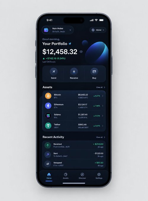 A smartphone displays a crypto portfolio app showing a balance of '$12,458.32', with assets listed including Bitcoin ($6,842.22), Ethereum ($3,124.17), Solana ($1,287.45), and Tether ($982.48).