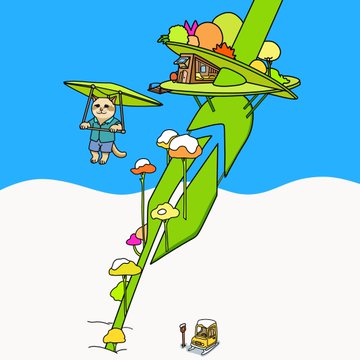 A whimsical illustration shows a cat hang-gliding from a giant green leaf toward a floating island village, with a small mining rig (proof of work) beside a treasure chest at the base—matching the post's theme of $CASHCAT pioneering a new journey and bullish crypto adventure.
