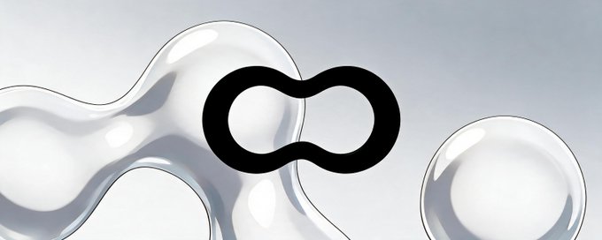 A stylized infinity-shaped black logo overlaid on a glossy, chrome-like abstract 3D background with fluid, bubble-like forms.