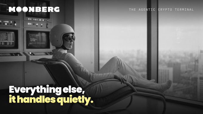 The image shows a futuristic black-and-white scene of a person in a white jumpsuit and helmet reclining casually in a modern chair overlooking a cityscape, with "MOONBERG – THE AGENTIC CRYPTO TERMINAL" displayed at the top and "Everything else, it handles quietly." at the bottom. The relaxed posture of the figure visually reinforces the post's message—while Moonberg interrupts you for only five critical crypto events, it silently manages everything else in the background.