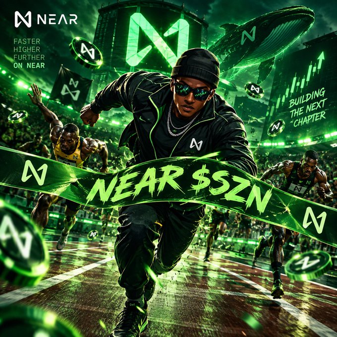 Promotional graphic for "NEAR $SZN" featuring a central figure in dark clothing running forward, with the text "FASTER HIGHER FURTHER ON NEAR" and "BUILDING THE NEXT CHAPTER," set in a dynamic green neon sports arena setting.