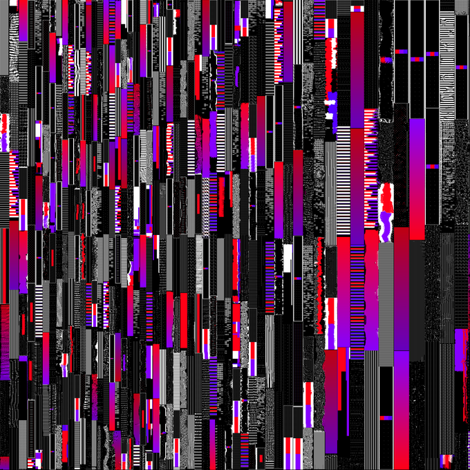 An abstract digital glitch art pattern featuring vertical stripes of purple, red, blue, black, and white with distorted, fragmented textures.