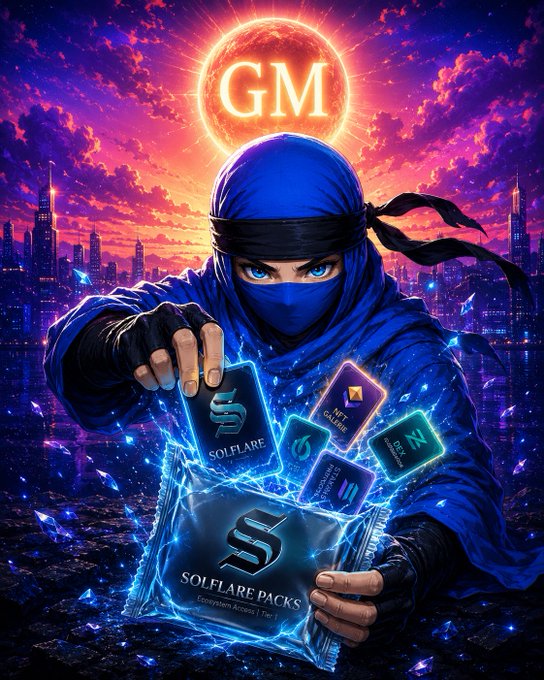 A masked ninja figure emerges from a fiery crimson cityscape, holding glowing "Solflare Packs" cards beneath a radiant "GM" sun, capturing the enthusiastic morning crypto energy and anticipation of opening digital collectibles on Thirsty Thursday.