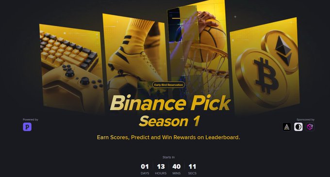 A promotional banner for 'Binance Pick Season 1' featuring gold-themed imagery of gaming, basketball, and Bitcoin, with a countdown timer showing it starts in 1 day, 13 hours, 40 minutes, 11 seconds.