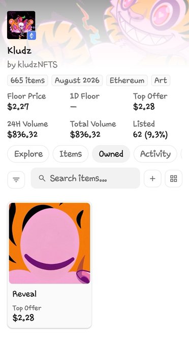 A mobile NFT marketplace screenshot for the 'Kludz' collection by kludzNFTS on Ethereum, showing a 'Reveal' item with a Top Offer of $2.28.