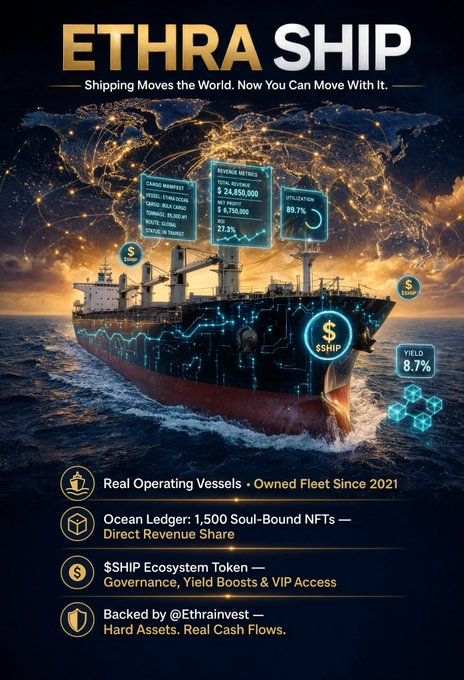Promotional graphic for "ETHRA SHIP" featuring a digital cargo ship at sea with overlaid financial data panels, advertising real operating vessels, Ocean Ledger NFTs, and the $SHIP token ecosystem.