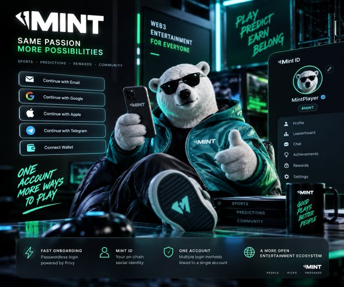 A promotional advertisement for MINT, a Web3 entertainment platform, featuring a polar bear mascot in a green jacket holding a phone, with login options and features like 'Same Passion More Possibilities' and 'Play Predict Earn Belong'.