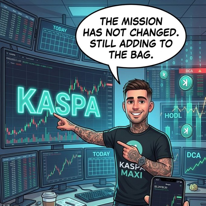 The image features a man with tattoos standing next to a computer screen displaying stock market graphs, holding up a tablet or phone. The caption reads "Another day, same mission. Staying focused, stacking $KAS, and trusting the process." This suggests that the man is likely an active trader who is monitoring the stock market and making decisions based on his analysis of the data displayed on the screen.
