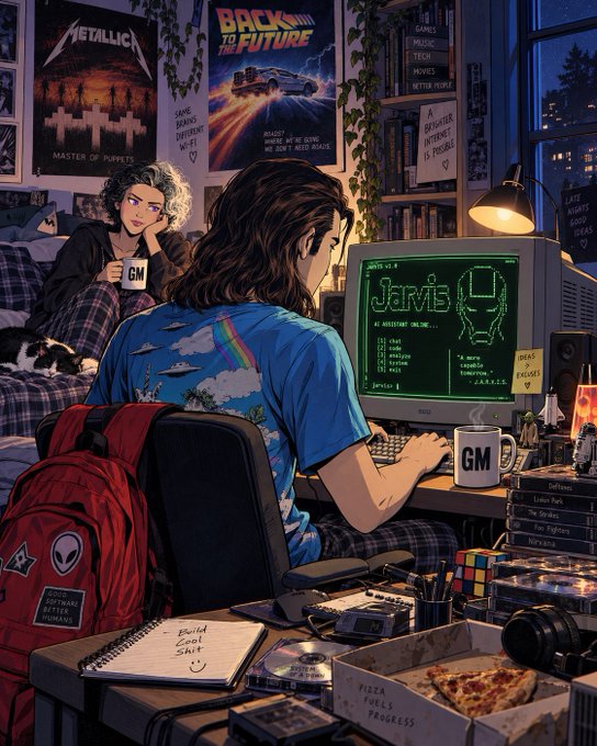 The image shows a person in a Metallica/Back to the Future poster-covered bedroom, wearing a colorful graphic t-shirt, working at a retro computer displaying "JARVIS" on its green terminal while their girlfriend watches from the bed holding a "GM" mug. The desk is cluttered with VHS tapes, a notebook labeled "Build/Save/Shit," a pizza box marked "PIZZA FUELS PROGRESS," and headphones, capturing the chaotic grind of a weekend work session.