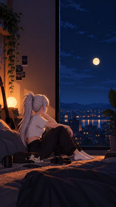 Anime-style illustration of a silver-haired young woman sitting by a large window at night, with a glowing moon, city lights, a guitar, lamp, plants, and a laptop nearby.