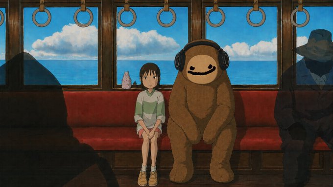 An animated scene shows a young girl sitting on a red bench next to a large brown creature wearing headphones, with shadows of other passengers cast on the windows behind them.